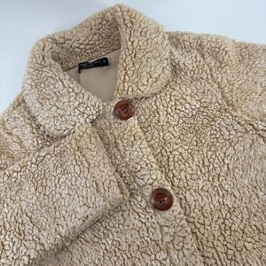 Knapp Studio Womens Medium Sherpa Fleece Teddy Coat Button Snap Front Collar Tan